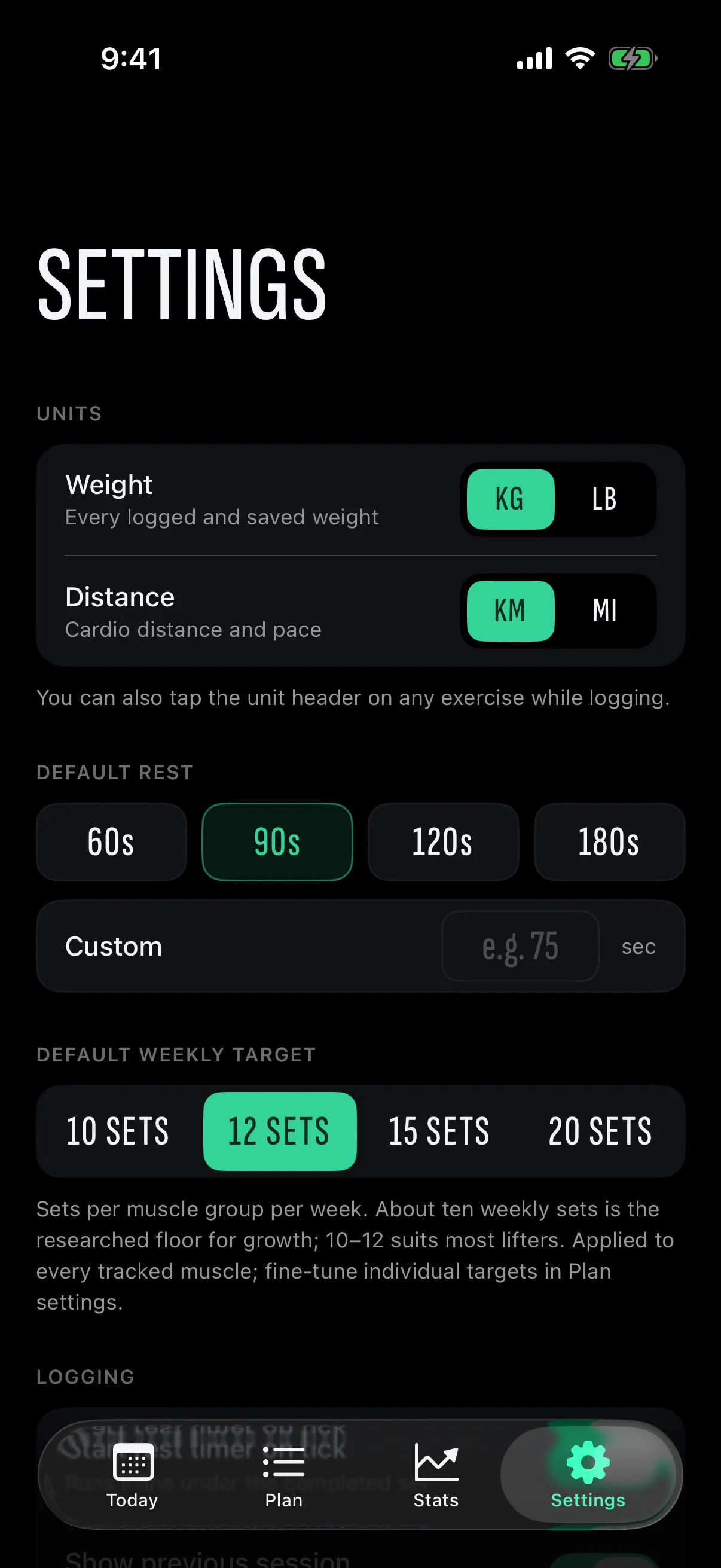 Settings: units, rest, weekly target